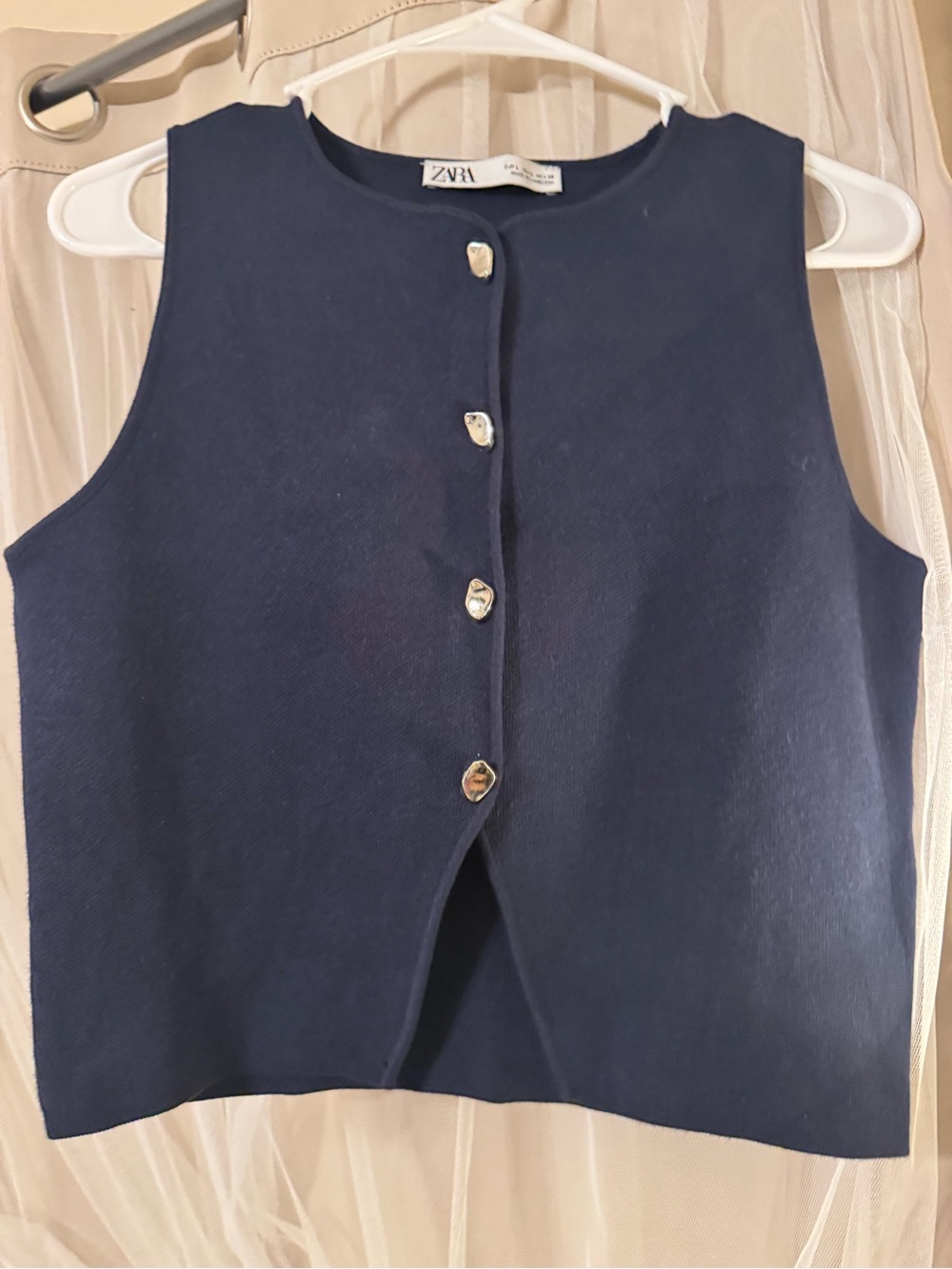 Zara Navy Sleeveless Button Front Top